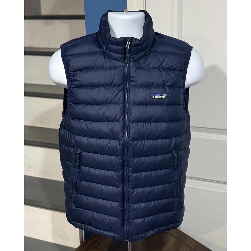 Men's Small Patagonia Goose Down Sweater Puffer Vest Full Zip Navy Blue Jacket!
